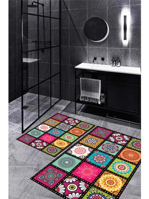 PremiumPort Yıkanabilir Dijital Baskılı Kaymaz Tabanlı Klozet Takımı 2'li 60X100CM+50X60CM