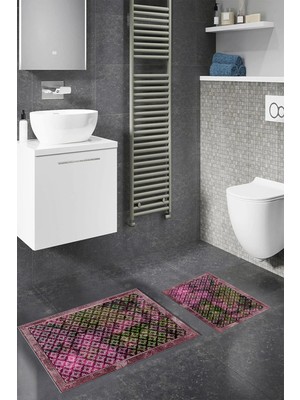 PremiumPort Dijital Baskılı Kaymaz Taban Yıkanabilir Banyo Paspası 2'li Takım
