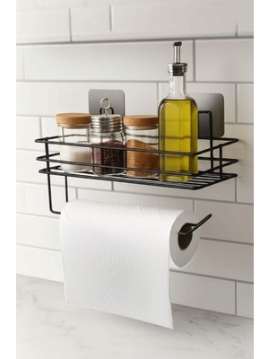 Lilasso Yapışkanlı Raflı Kağıt Rulo Havluluk Peçetelik Havlu Kağıltlık Siyah Banyo Mutfak Düzenleyici Raf
