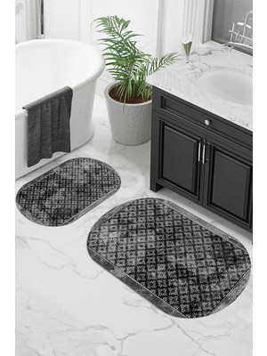 PremiumPort Dijital Baskılı Kaymaz Taban Yıkanabilir Oval Banyo Paspası 2'li Takım