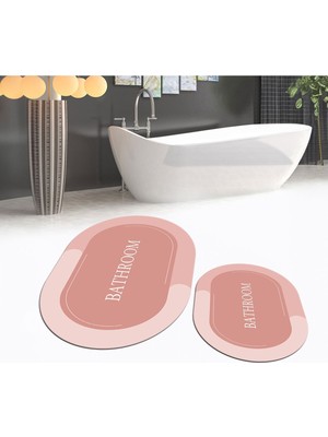 PremiumPort Yıkanabilir Oval Ikili Banyo Paspası, Kaymaz Taban, Pembe