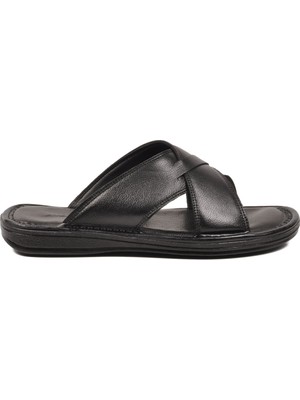 Ayakmod Siyah Hakiki Deri Comfortsole Taban Erkek Terlik 8522 M