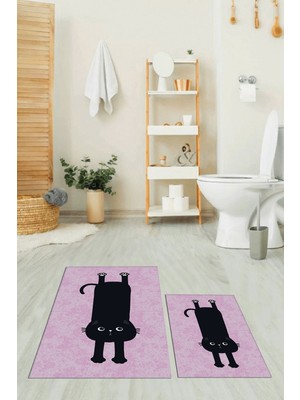 PremiumPort Sevimli Kedi Desenli Yıkanabilir Kaymaz Banyo Halısı ve Klozet Takımı