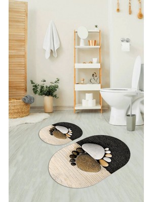 PremiumPort 3D Dijital Baskılı Kaymaz Taban Yıkanabilir Oval Banyo Takımı