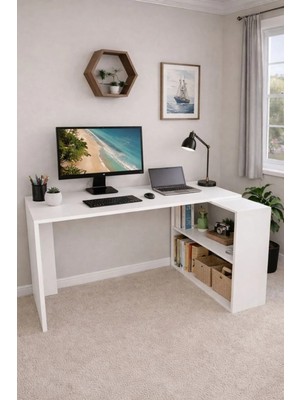 MoLife 258 Beyaz Ren Çalışma Masası Kitaplıklı Suntalam Malzeme ile Modern Tasarım