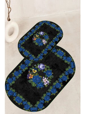 PremiumPort Dijital Baskılı Kaymaz Taban Yıkanabilir Oval Banyo Paspası 2'li Set