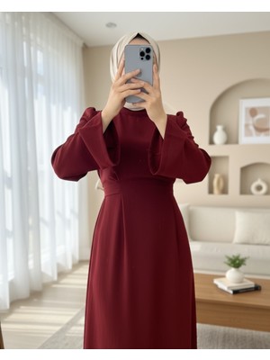 Moda Morfo Hakim Yaka Belden Bağlamalı Elbise      -Kırmızı