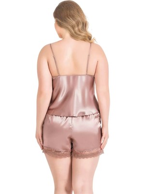 Modenya Büyük Beden Vizon Saten Babydoll Şort Takımı