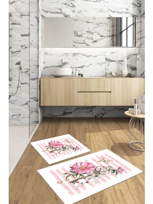 PremiumPort Yıkanabilir Gül Motifli Kaymaz Banyo Paspası ve Klozet Takımı