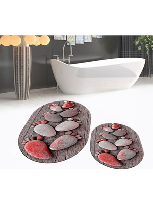 PremiumPort Yıkanabilir Oval Ikili Banyo Paspası ve Klozet Takımı, Kaymaz, Renkli