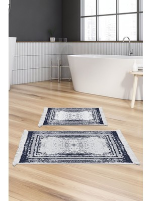 PremiumPort Modern 2'li Dijital Banyo Paspas Takımı, Keçe Kaymaz Taban, Saçaklı, Lacivert