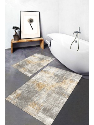 PremiumPort Modern Dijital Baskılı Banyo Halısı Seti, 100X60 + 60X50 cm