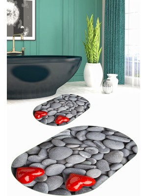 PremiumPort 3D Baskılı Kaymaz Taban Yıkanabilir Oval Banyo Paspası 2'li Takım