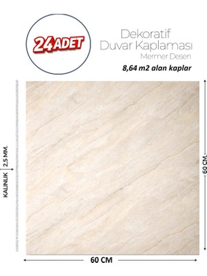 Brano 60X60 cm Kendinden Yapışkanlı Duvar,banyo,tezgah Arası Bej Mermer-24 Adet