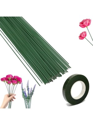 İğne İzi Plastik Çiçek Yapma Teli - 40CM - 10 Adet Çiçek Yapım Teli+1 Adet Çiçek Bandı - Dekoratif Çiçek Yapım Teli