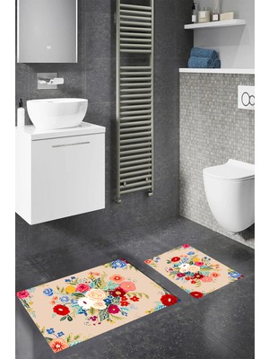 PremiumPort Yıkanabilir Çiçek Desenli Dijital Kaymaz Banyo Paspası ve Klozet Takımı