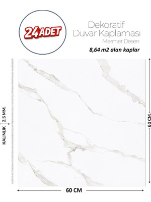 Brano 60X60 cm Kendinden Yapışkanlı Duvar,banyo,tezgah Arası Beyaz Mermer-24 Adet