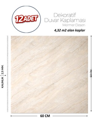 Brano 60X60 cm Kendinden Yapışkanlı Duvar,banyo,tezgah Arası Bej Mermer-12 Adet