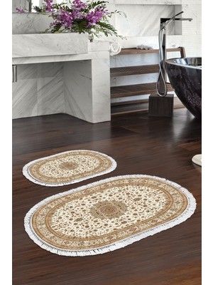 PremiumPort Yıkanabilir Oval Banyo Paspas Seti, Osmanlı Kahve, 60X100 ve 50X60