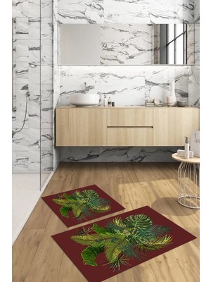 PremiumPort Yıkanabilir Çiçekli Dijital Banyo Paspası 2'li Klozet Takımı
