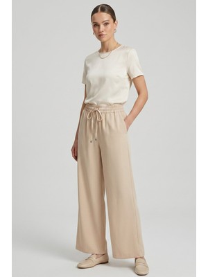 Norshen Krem Kadın Belden Lastikli - Bol Paça Pantolon