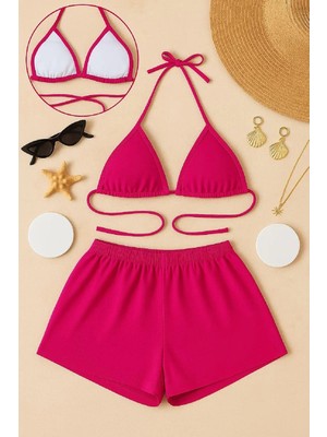 Modenya Kadın Fuşya Şortlu Belden ve Boyundan Bağlamalı Bikini Takımı