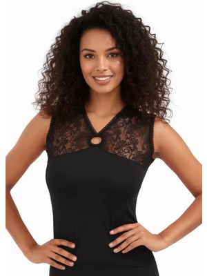 Modenya Dantelli Floklu Kravize Kolsuz Modal Kadın Bluz Elestan