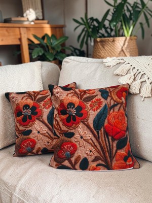 Bohem Nakış Desenli Dekoratif Kırlent Kılıfı 2’li Set (45X45 Cm) – El Işi Görünümlü Etnik Koltuk Yastığı