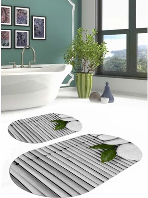 PremiumPort Dijital Baskılı Yıkanabilir Kaymaz Taban Oval Banyo Paspası Klozet Takımı