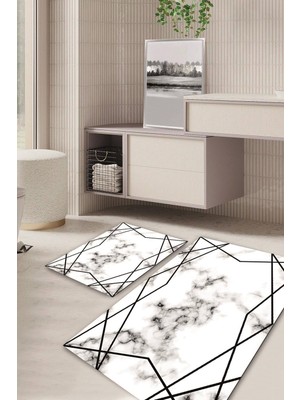 PremiumPort Mermer Desenli Kaymaz Taban Banyo Halısı ve Klozet Takımı Seti
