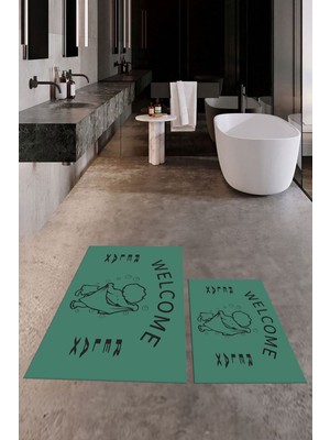 PremiumPort Yıkanabilir Modern Dijital Baskılı Ikili Banyo Paspası Takımı