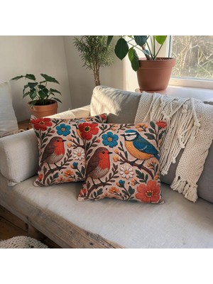 Kuş ve Çiçek Desenli Dekoratif Kırlent Kılıfı 2’li Set (45X45 Cm) – Vintage & Bohem Koltuk Yastığı