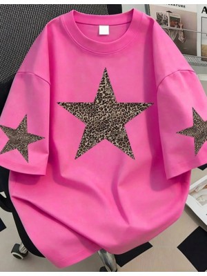 Punix Punıx Büyük Beden Özel Tasarım Yıldızlar Baskılı Rahat Kalıp Pembe Renk Kadın Yazlık T-Shırt
