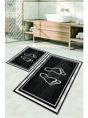 PremiumPort Yıkanabilir Kaymaz Tabanlı Ayak Baskılı Banyo Paspası Klozet Takımı