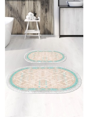 PremiumPort Yıkanabilir Oval Banyo Paspası, Turkuaz, 50X80 ve 40X50 cm
