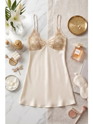 QKK Kadın Pudra Saten Gecelik Büzgü ve Dantel Detaylı Ince Askılı Mini Gecelik