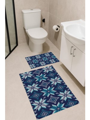 PremiumPort Mavi Çiçek Desenli Banyo Paspas Takımı 2'li, Dijital Baskı, Yıkanabilir