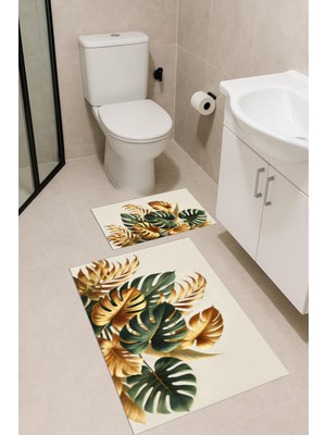 PremiumPort Yaprak Desenli 2'li Banyo Paspas Takımı Dijital Baskı ve Yıkanabilir