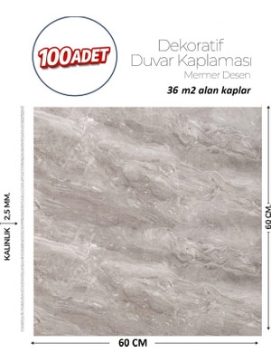 Brano 60X60 cm Kendinden Yapışkanlı Duvar,banyo,tezgah Arası Gri Mermer-100 Adet