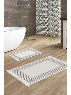 PremiumPort Modern 2'li Banyo Paspas Takımı, Keçe Kaymaz Taban ve Saçaklı Tasarım