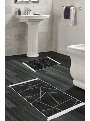 PremiumPort Yıkanabilir Kaymaz Taban Banyo Paspası, Siyah, 50X80/40X50, Eko Trend Djt 2 Li