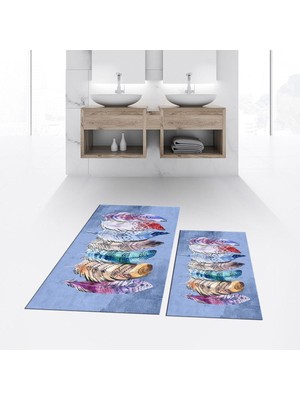 PremiumPort Yıkanabilir Dijital Baskılı Kaymaz Banyo Paspası ve Klozet Takımı Mavi