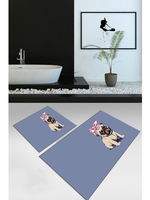 PremiumPort Yıkanabilir Köpek Desenli Dijital Baskılı Ikili Banyo Takımı