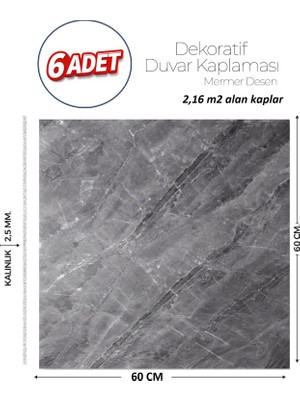 Brano 60X60 cm Kendinden Yapışkanlı Duvar,banyo,tezgah Arası Antrasit Mermer-6 Adet