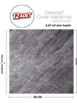 Brano 60X60 cm Kendinden Yapışkanlı Duvar,banyo,tezgah Arası Antrasit Mermer-12 Adet