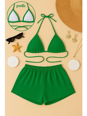 Modenya Kadın Yeşil Şortlu Belden ve Boyundan Bağlamalı Bikini Takımı