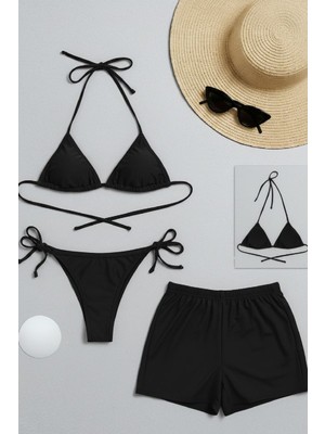 Modenya Kadın 3'lü Set Siyah Şortlu ve Yandan Bağlamalı Bikini Mayo Takımı