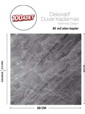 Brano 60X60 cm Kendinden Yapışkanlı Duvar,banyo,tezgah Arası Antrasit Mermer-100 Adet