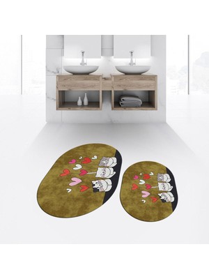 PremiumPort Yıkanabilir Oval Kaymaz Banyo Paspası ve Klozet Takımı Seti