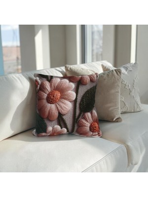 Özdağ Home Concept Pembe Çiçek Desenli Nakış Görünümlü Dekoratif Kırlent Kılıfı 2’li Set (45X45 Cm) – Romantik & Modern Koltuk Yastığı